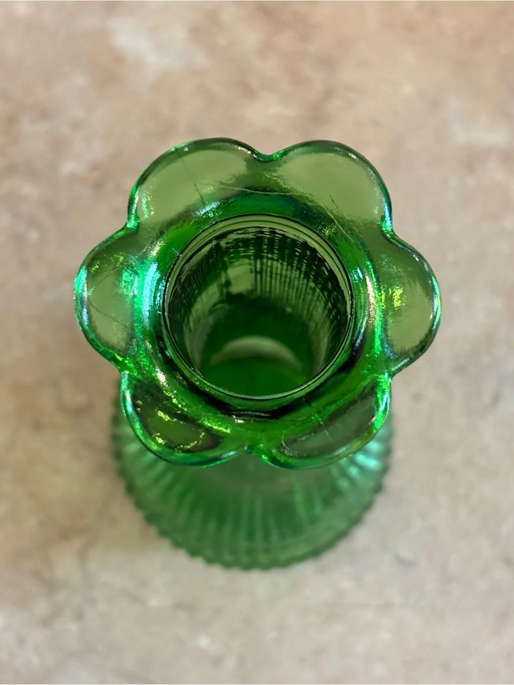 Vintage Pandall Emerald Green Glass Bud Vase 6” Ribbed Scalloped Flower Rim